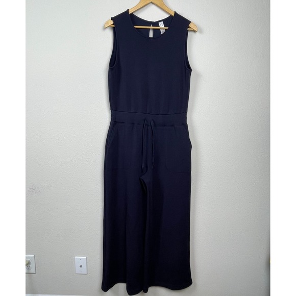 Spanx AirEssentials Jumpsuit Women's Sz L Petite Blue Wide Leg Lounge Athleisure - Picture 1 of 6